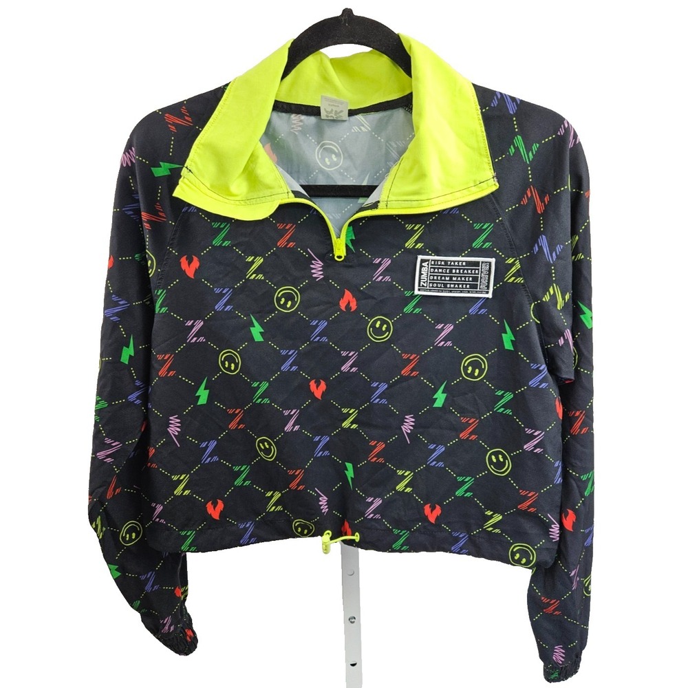 Zumba Wear Cropped Pullover Sweatshirt Neon Zip Neck Graphic Dance Top Size XS